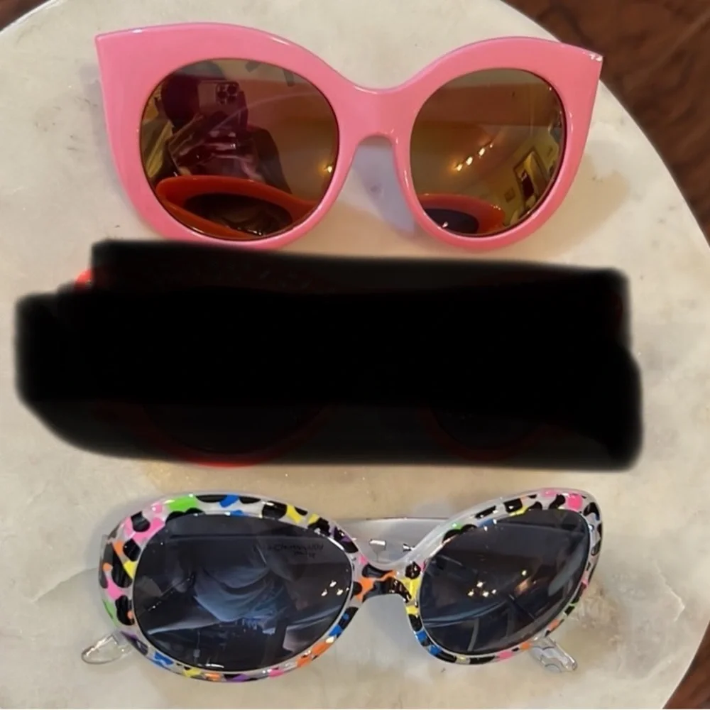 Youth girl fashion set of 2 sunglasses pink cat eye & neon w/ black animal print